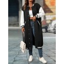 Plus Size Color Block Button Front Jacket, Casual Long Sleeve Longline Jacket For Fall & Winter, Women's Plus Size Clothing