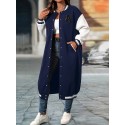 Plus Size Color Block Button Front Jacket, Casual Long Sleeve Longline Jacket For Fall & Winter, Women's Plus Size Clothing
